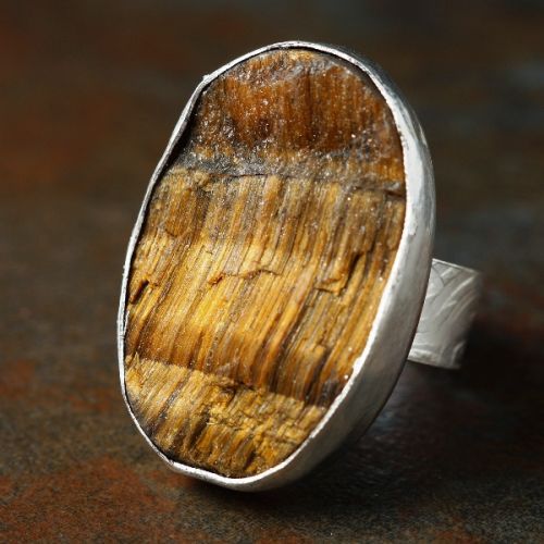 Handcrafted recycled sterling silver Rough Top Golden Brown Tigers Eye Textured Ring